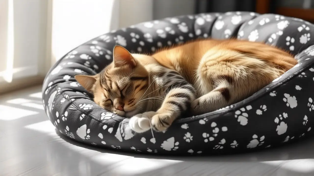 Gato feliz duerme en cama acogedora