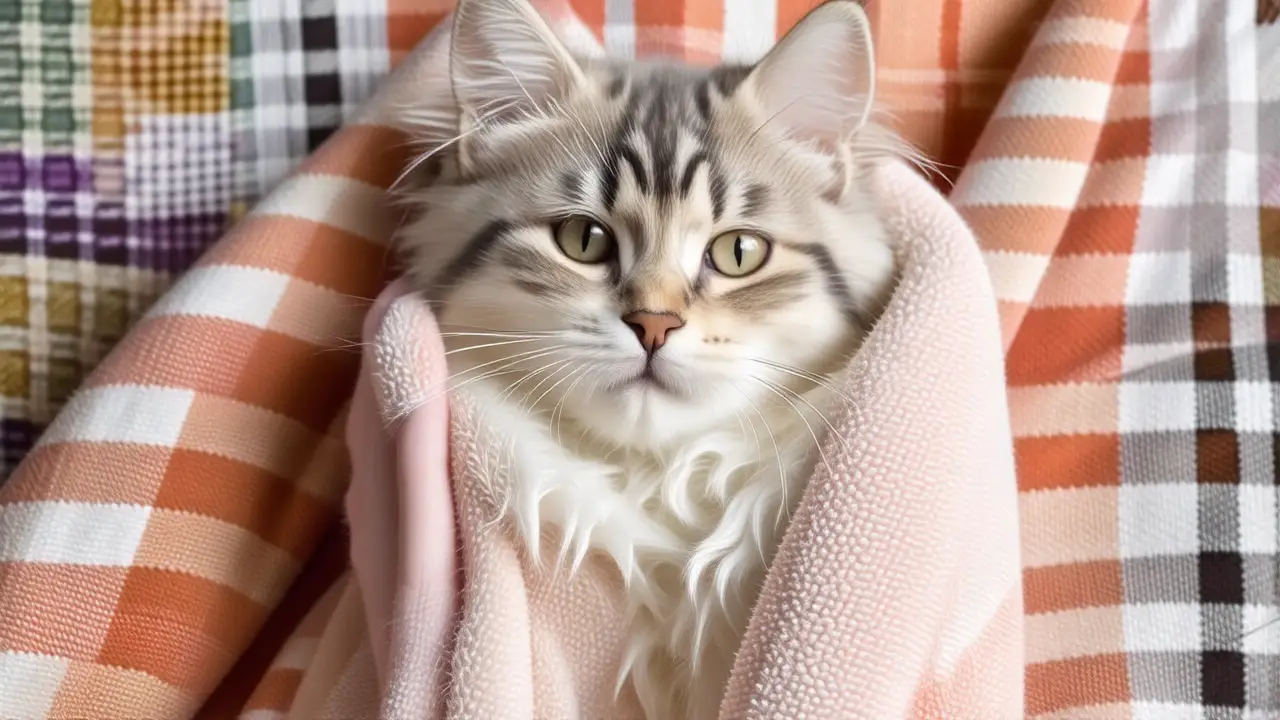 Gato feliz y relajado en toalla