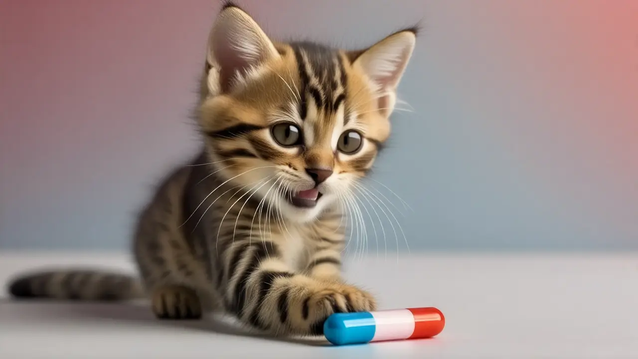 Gato sano juega con pastilla feliz