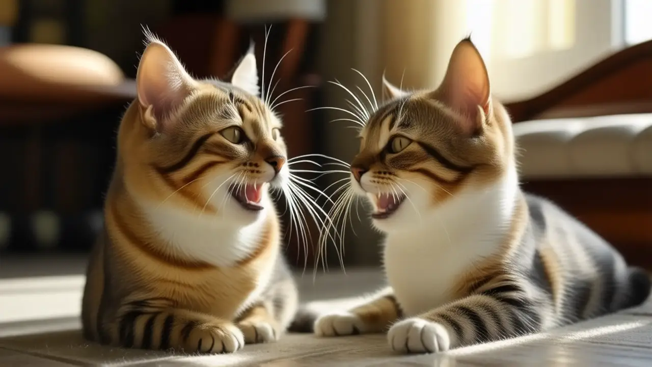 Gatos hermanos juegan felices en casa